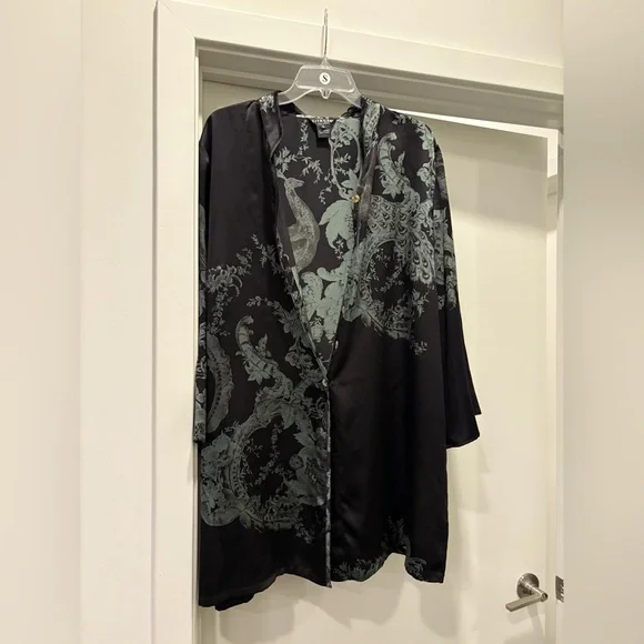 CITRON Santa Monica 1x Silk Black Button-Front Top Sage Peacock Print - Picture 2 of 11